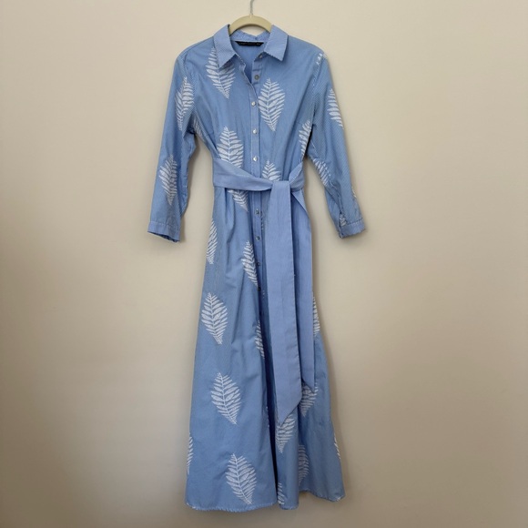Zara Dresses & Skirts - Zara Blue and White Long Sleeve Midi/Maxi Dress with White Embroidered Pattern